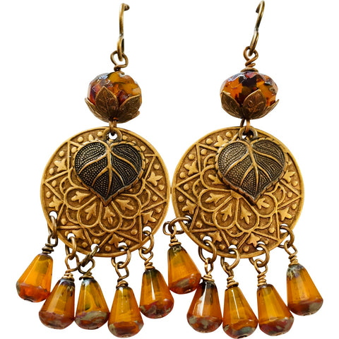 Leaf Earrings For Fall Brass Stampings and Czech Glass