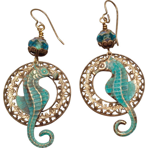 Earrings of Seahorses in Brass Verdigris Patina