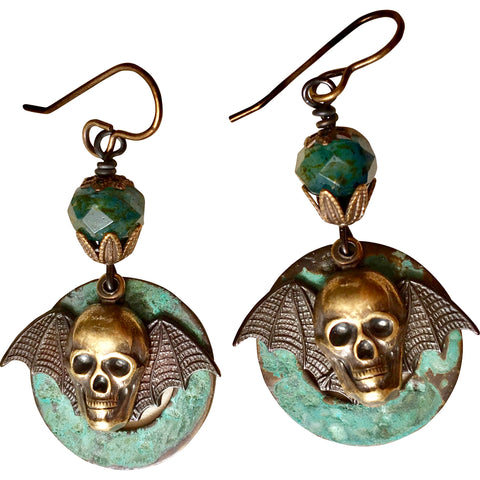 Bat/Skull Earrings Brass Stampings with patina Finish