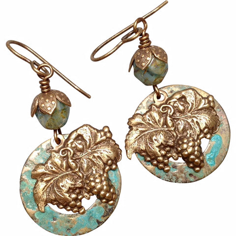 Grape Cluster Earrings of Stamped Brass with Verdigris Background