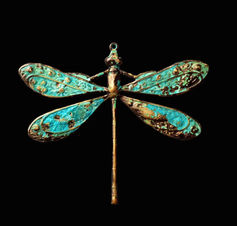 Flower Decked Dragonfly Brass Stamping in Verdigris or Oxidized Brass for Jewelry Making