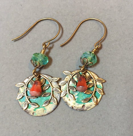Swinging Earrings of Brass Verdigris With Leaves and Czech Glass