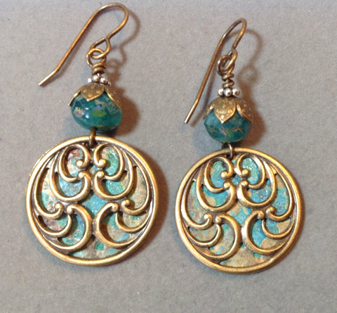 Paisley Earrings Brass Stampings with Patina and Czech Beads